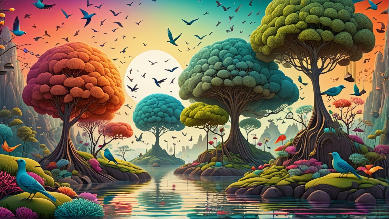 Vibrant Landscape with Colorful Trees and Water Scene