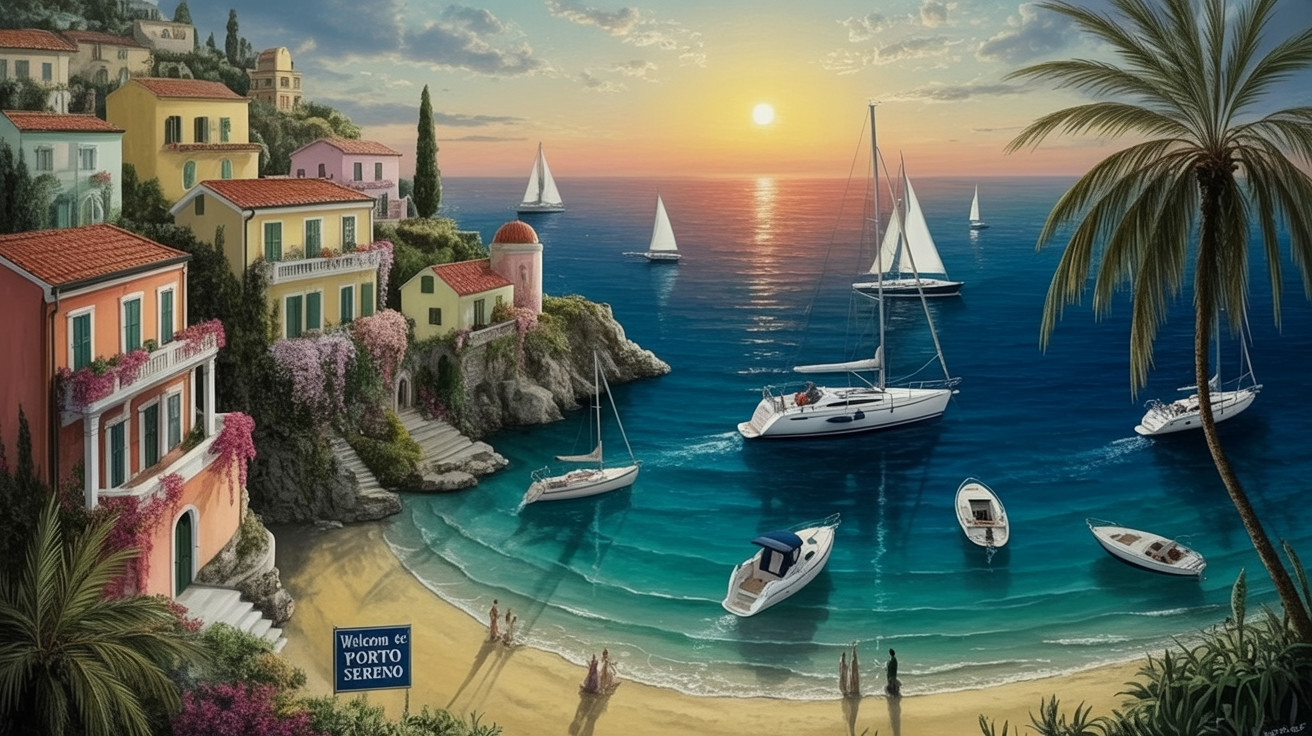 Picturesque Coastal Village at Sunset with Sailboats