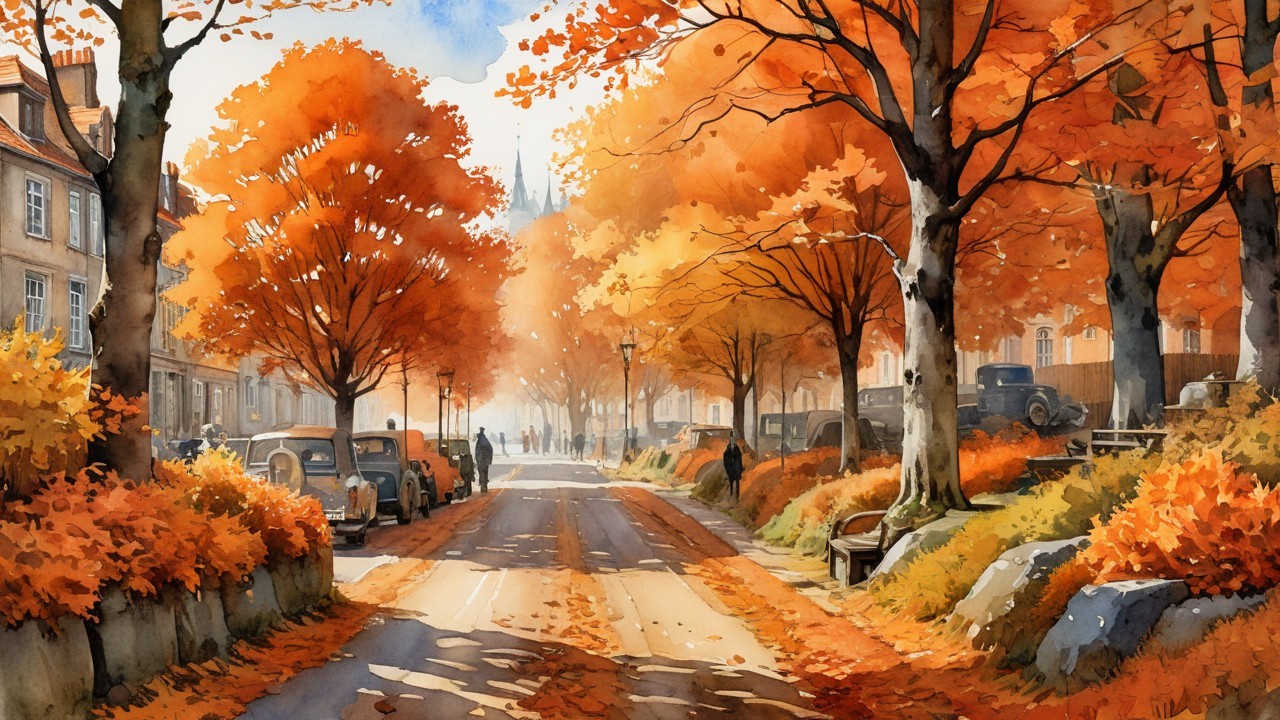 Autumn Street Scene with Vibrant Trees and Vintage Cars