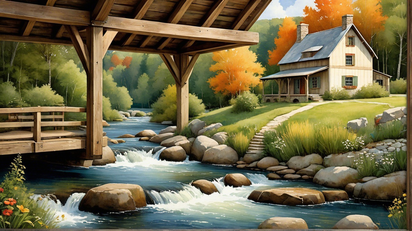 Charming Wooden House by a Flowing River Landscape