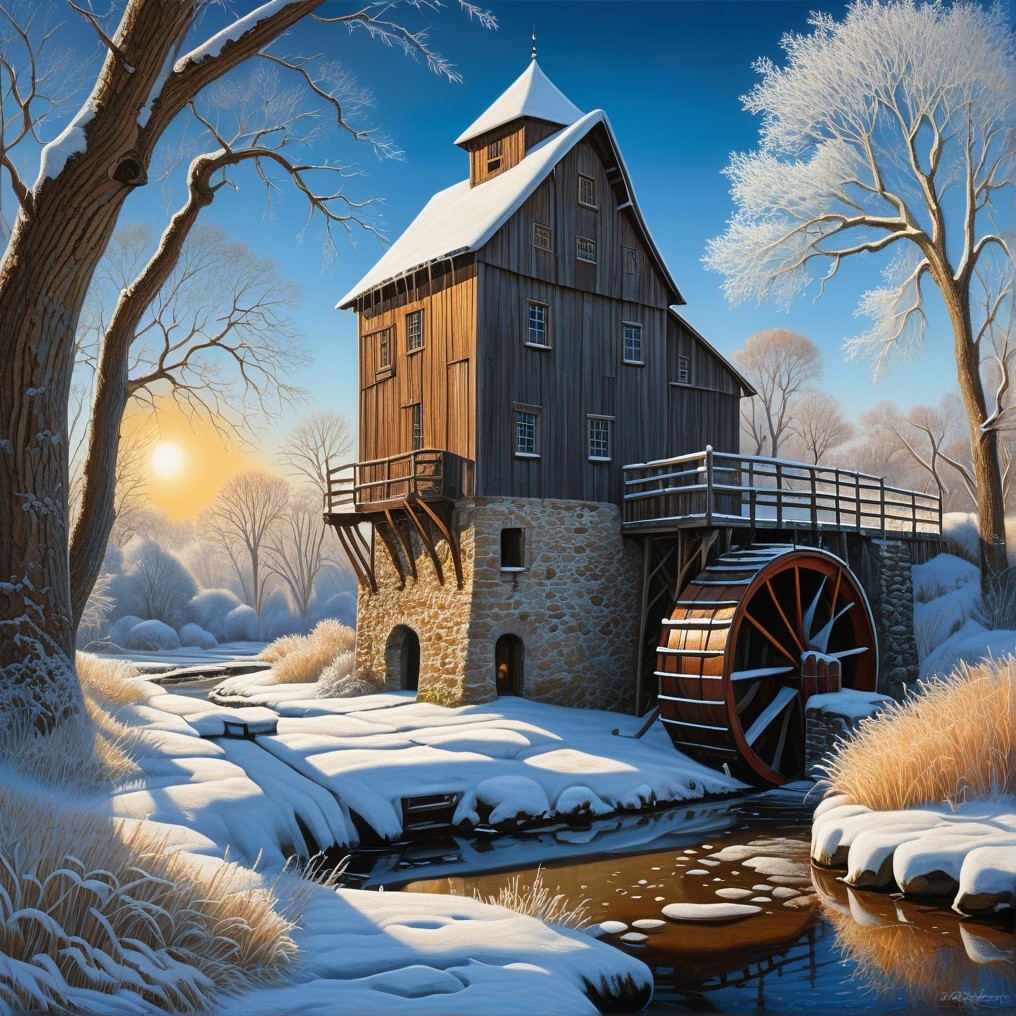 Winter Scene with Wooden Mill and Flowing Stream