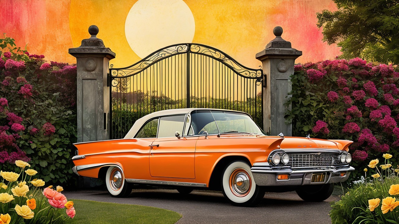 Vintage Orange Car by Ornate Gate at Sunset