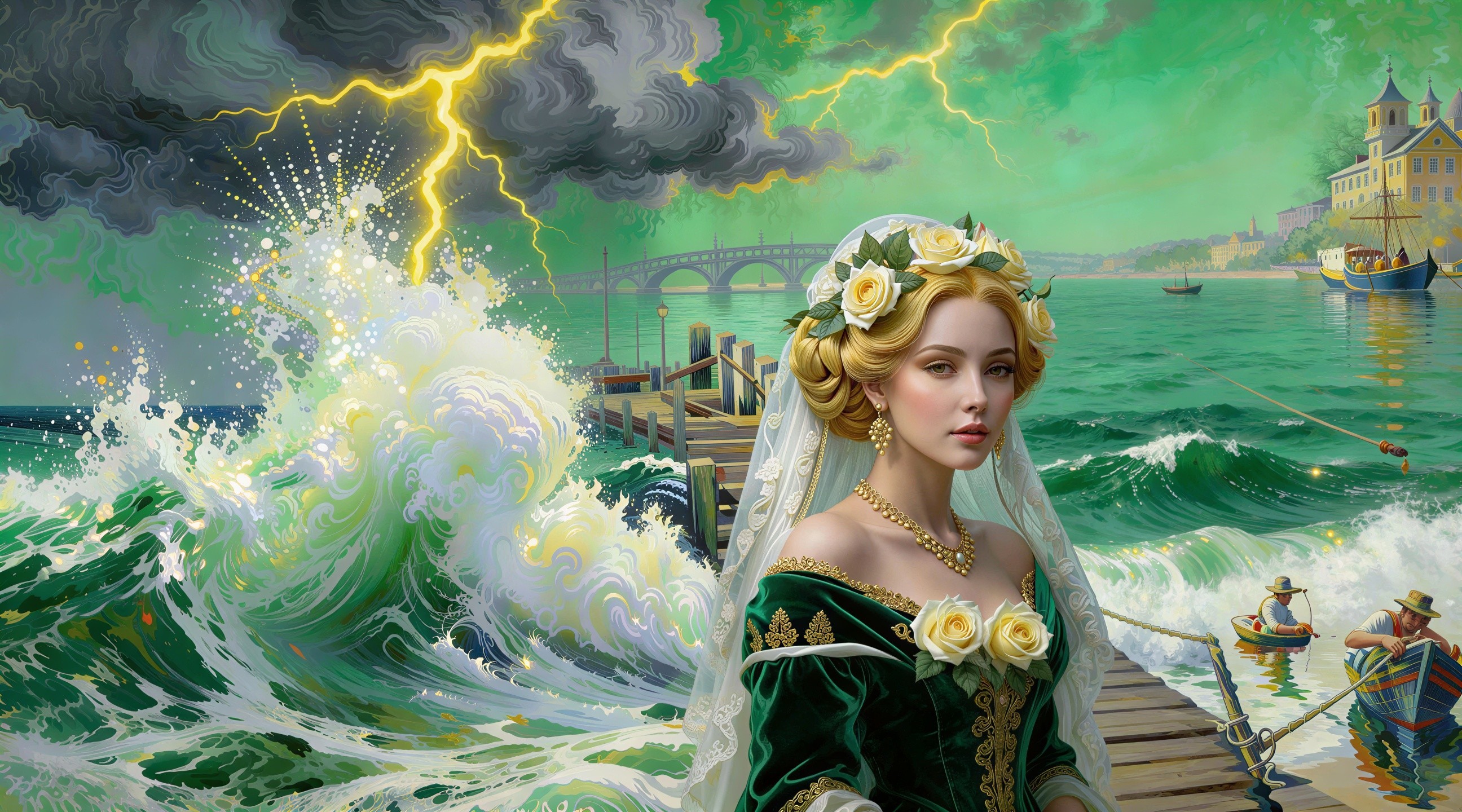 Fantasy Painting of Ornate Woman in Green Dress