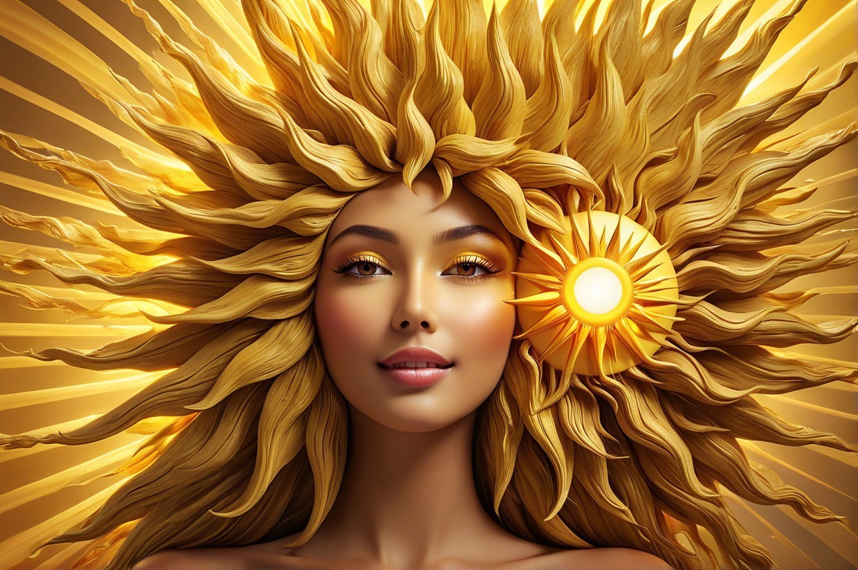 Radiant Figure with Golden Hair and Sun Emblem