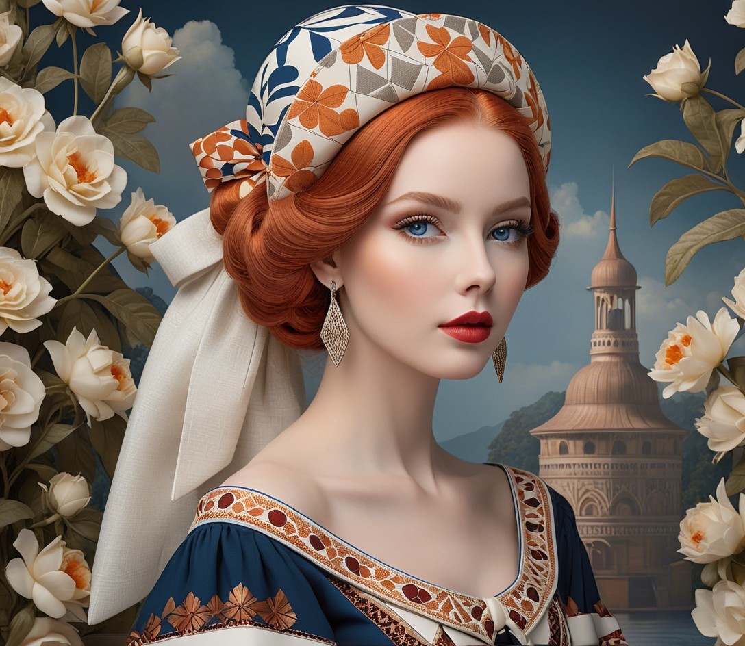 Elegant woman with red hair in floral attire