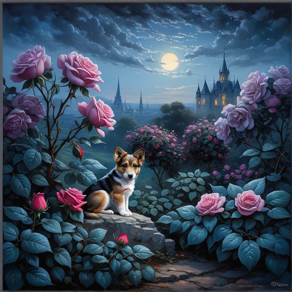 Corgi on Stone Surrounded by Roses and Castle View