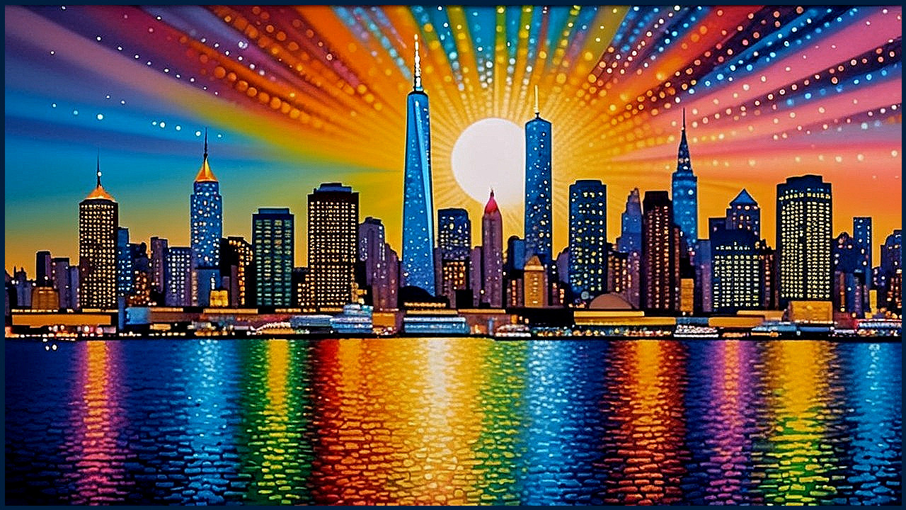 Vibrant Cityscape at Dusk with Reflective Waters