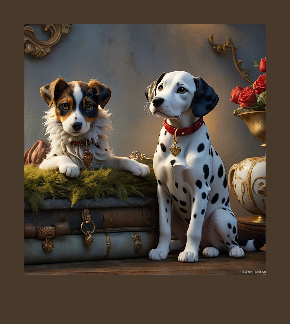 Charming Scene of Dogs with Vintage Suitcases and Roses