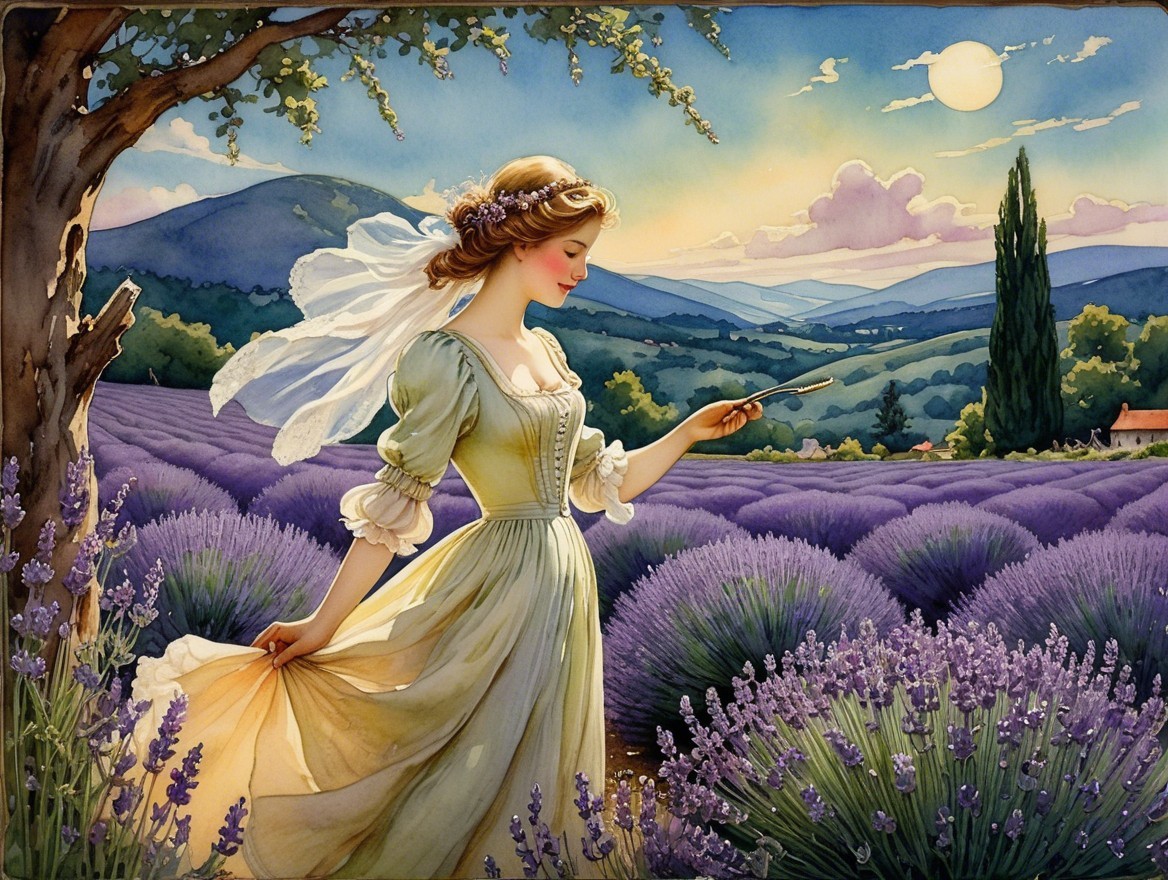 Young Woman in White Dress in Lavender Field at Sunset