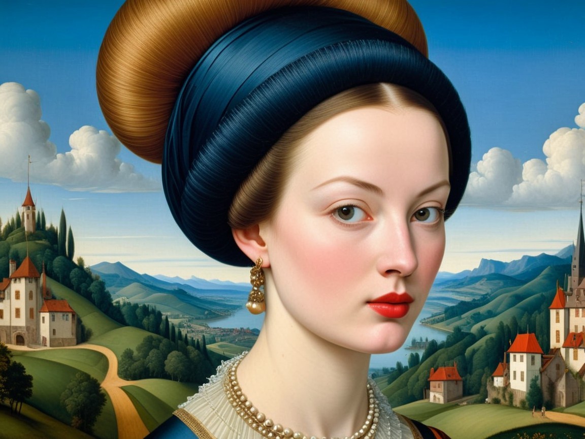 Young Woman in Blue Dress Against Scenic Landscape