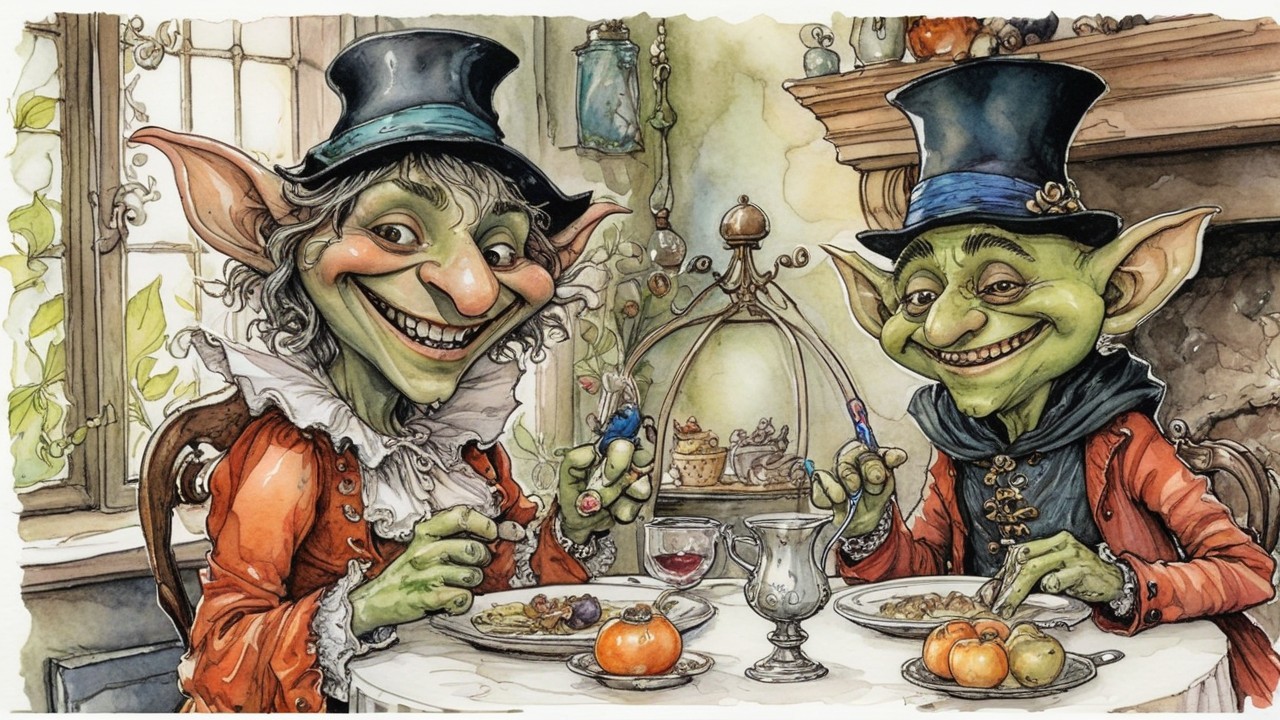 Goblins Dining at a Quaint Table with Feast and Wine