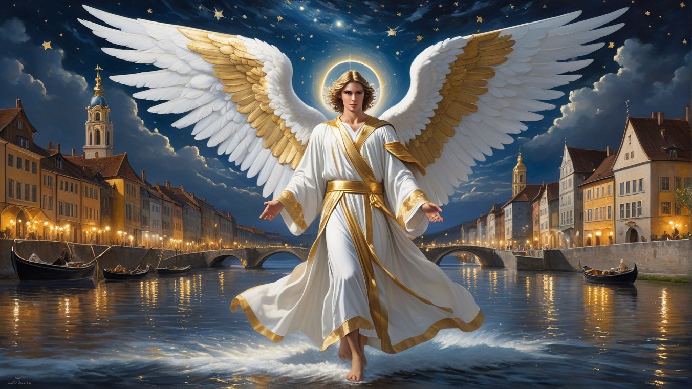 Majestic Angel with Golden Wings Over Cityscape