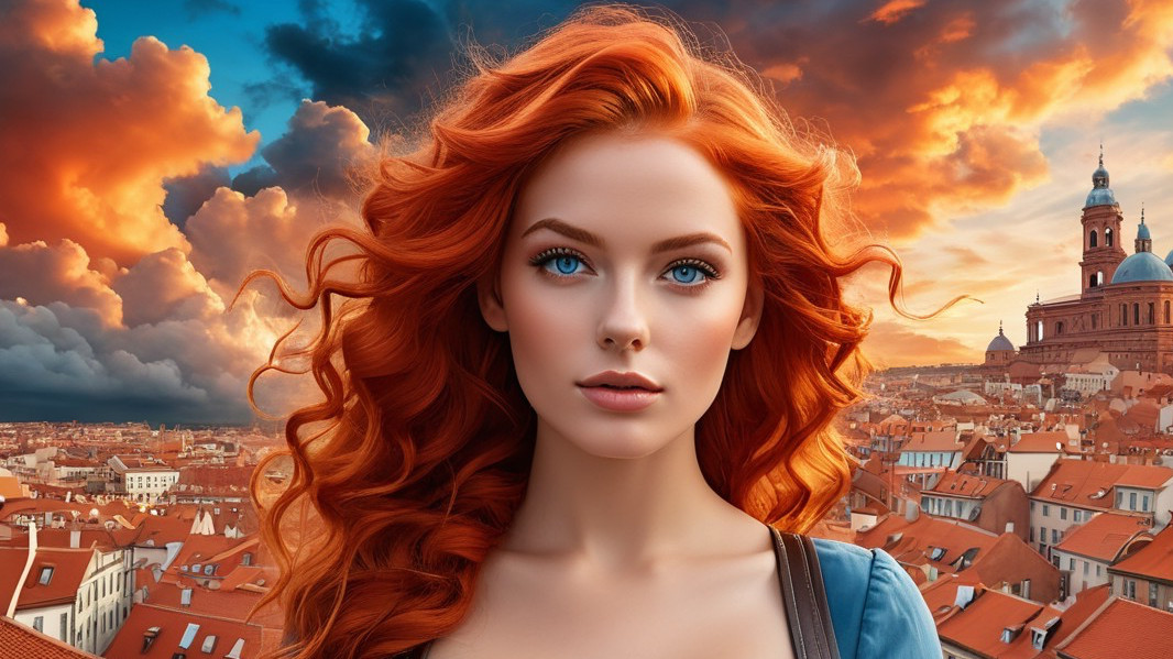 Young Woman with Red Hair in Sunset Cityscape