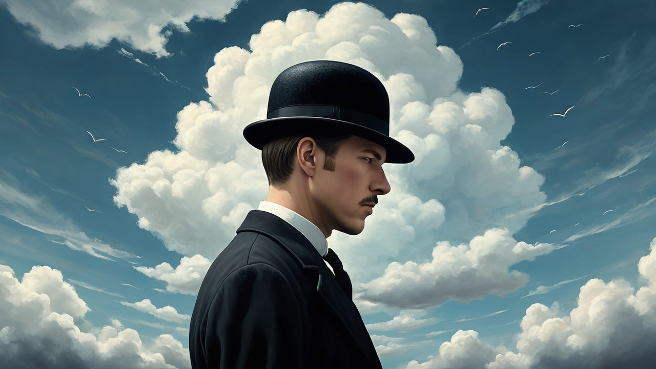 Man in Bowler Hat with Formal Suit and Cloudy Sky