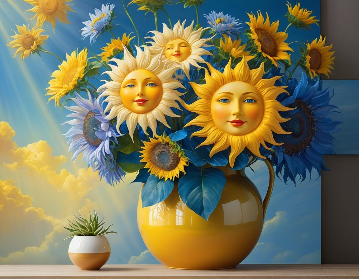 Vibrant Sunflower and Blue Flower Bouquet in Yellow Vase