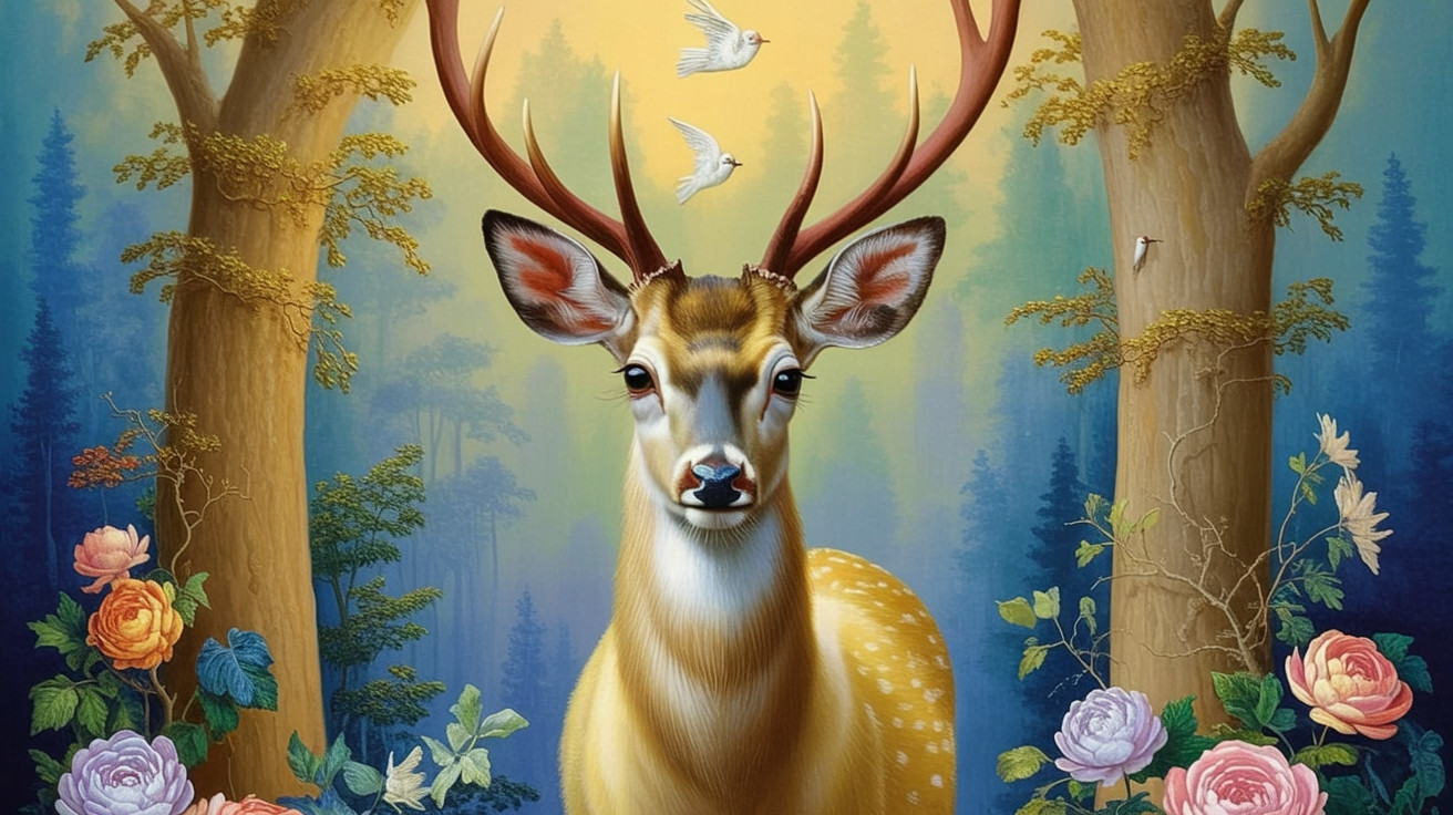 Majestic deer in vibrant forest with blooming roses
