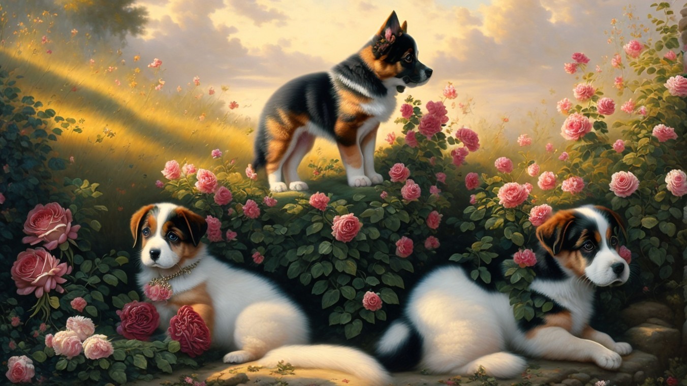 Three Puppies Among Pink Roses in Sunlit Garden