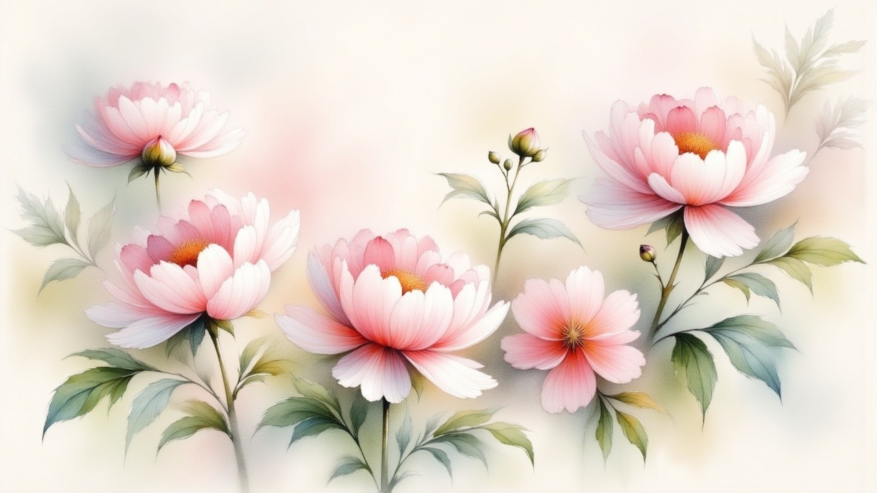 Soft Pink Flowers with Green Leaves in Bloom
