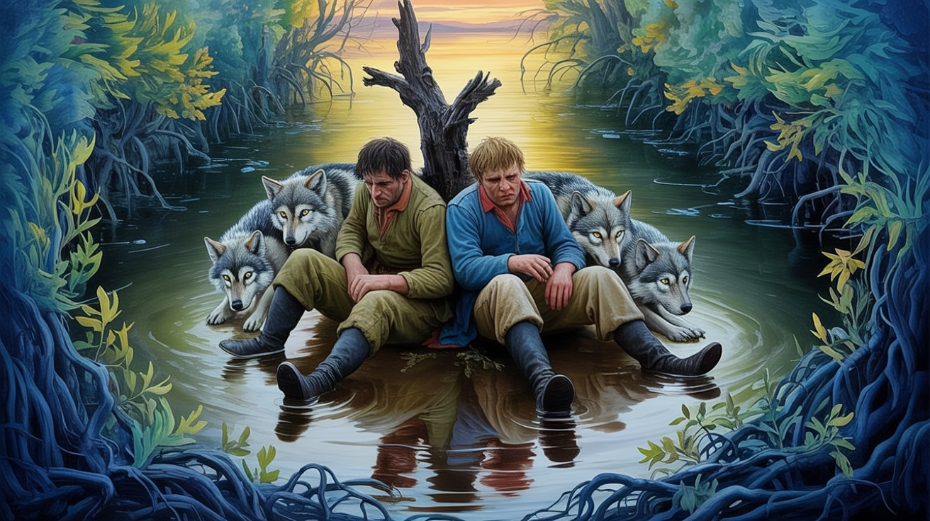 Men on Log in Twilight Landscape with Wolves