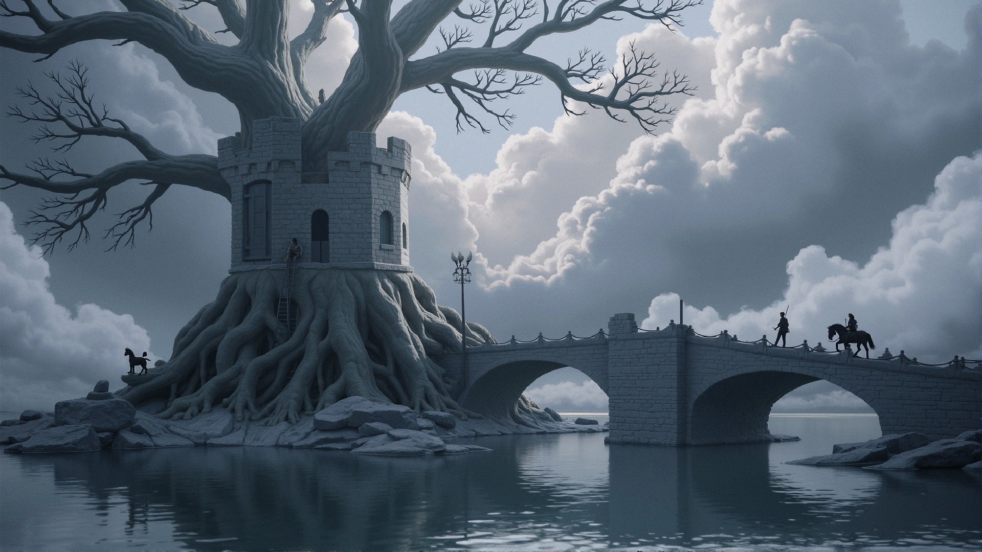 Majestic tree and castle by tranquil water scene
