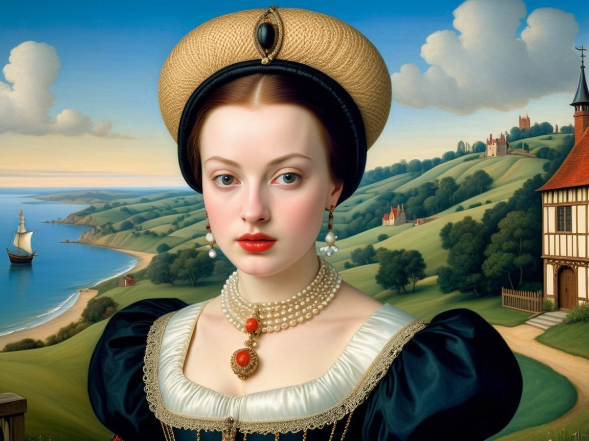Young Woman in Historical Attire with Scenic Background