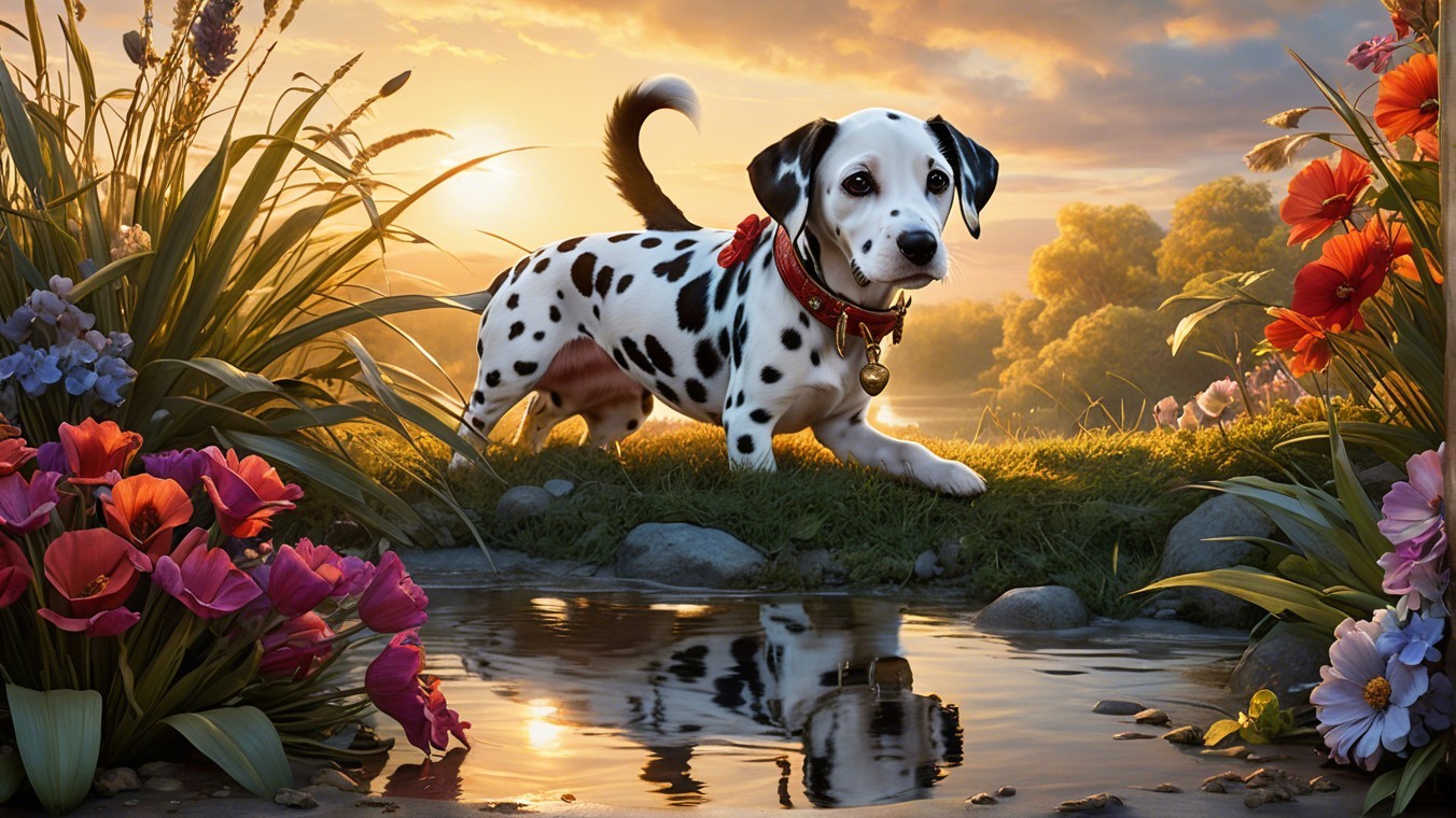 Dalmatian Puppy by Stream with Flowers at Sunset