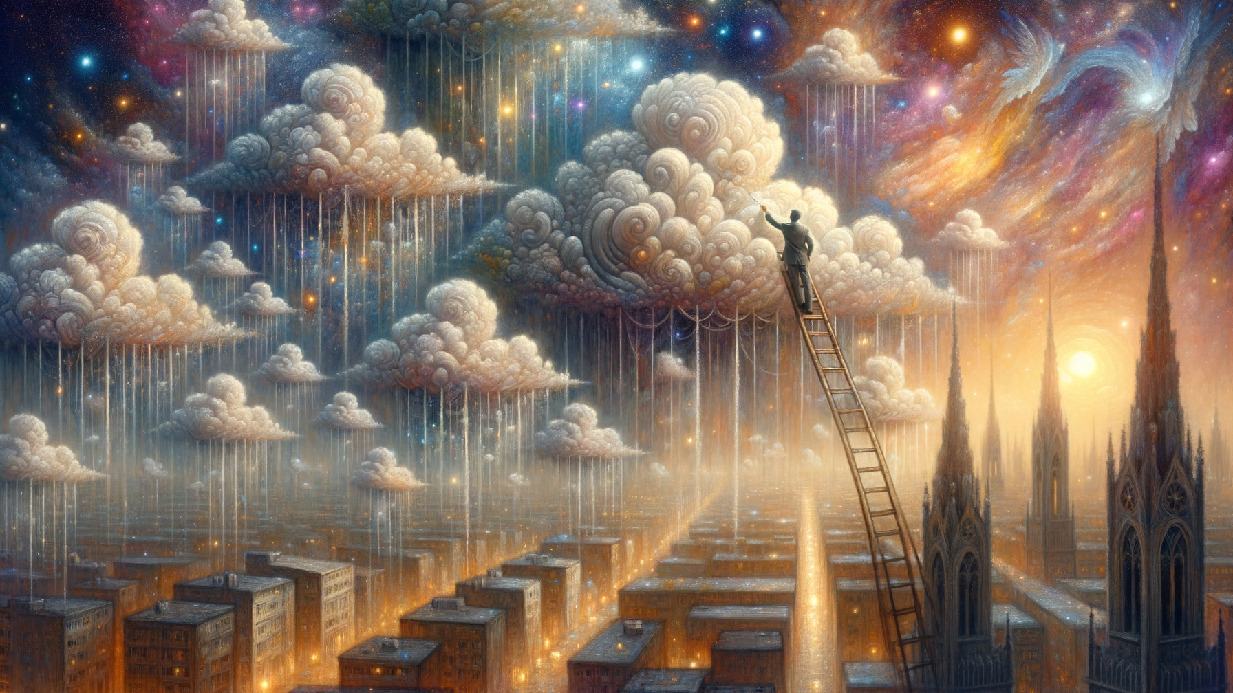 Surreal Landscape with Ladder and Colorful Sky
