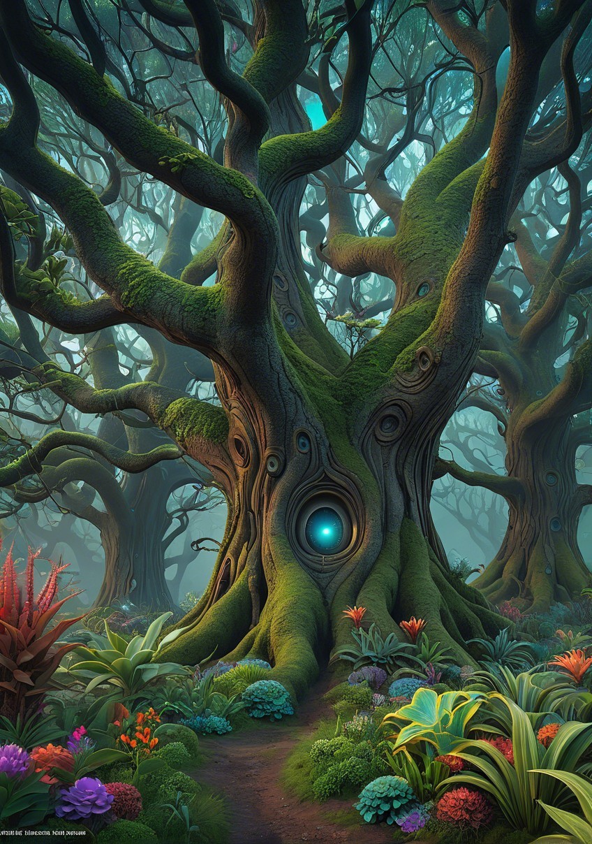 Mystical forest with ancient trees and glowing orb