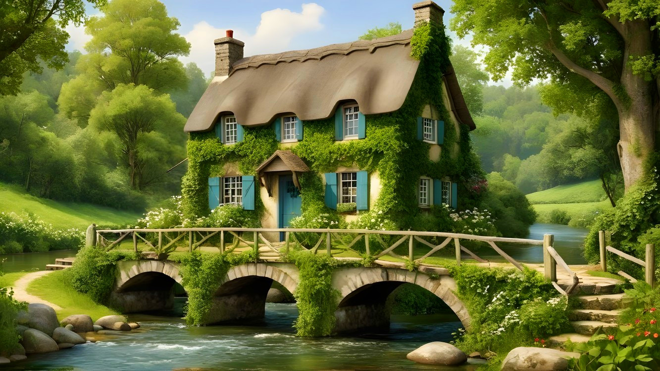 Charming Cottage Surrounded by Lush Greenery and Flowers