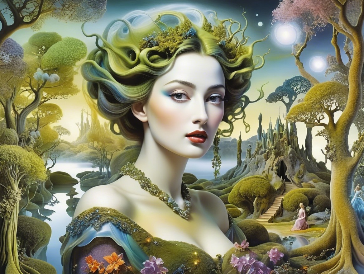 Mystical Woman with Green Hair in Surreal Landscape