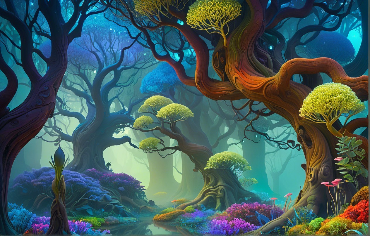 Mystical Forest with Twisting Trees and Colorful Foliage