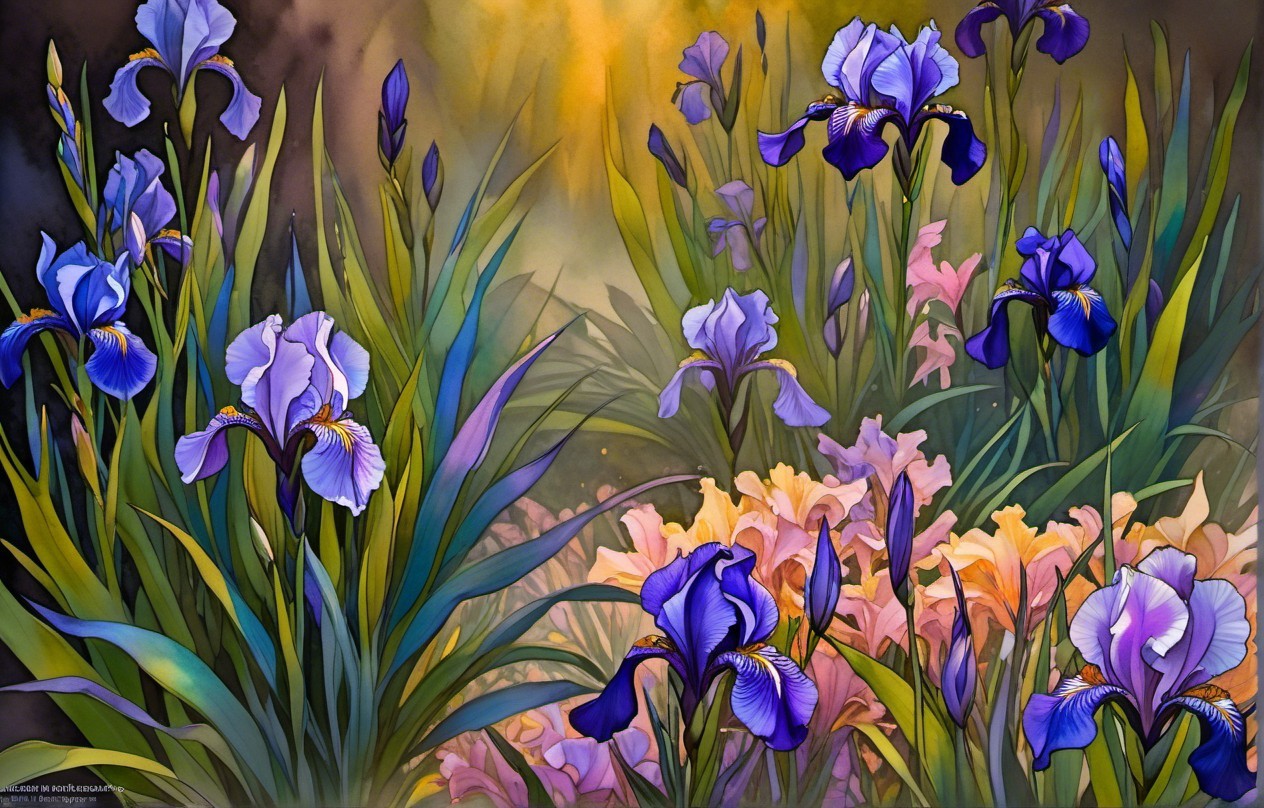 Vibrant Garden Scene with Elegant Irises and Colors