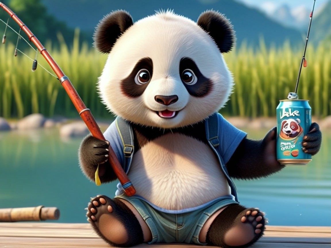 Cartoon Panda by Lake with Fishing Rod and Soda