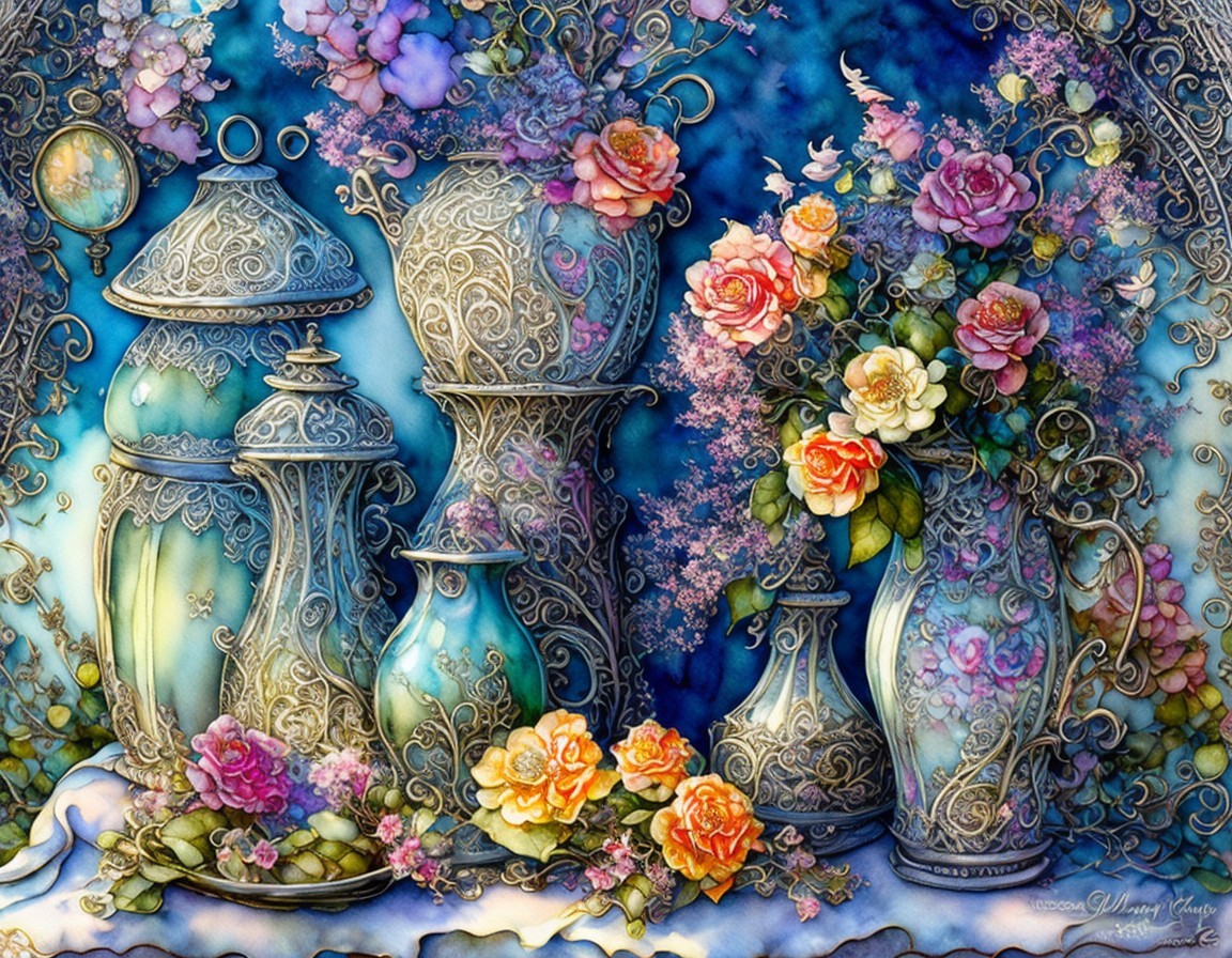 Still Life of Decorative Vases with Flowers