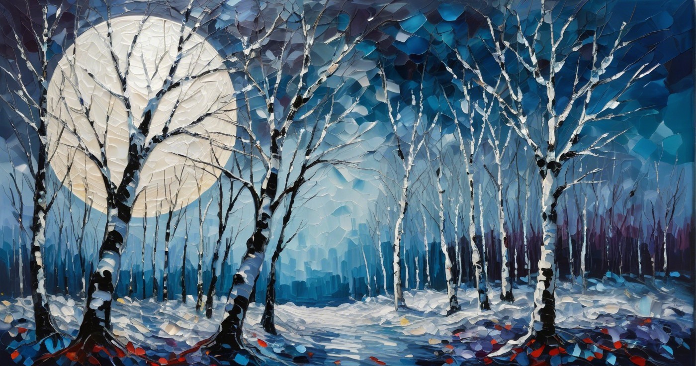 Serene Winter Landscape with Moonlit Trees and Snow