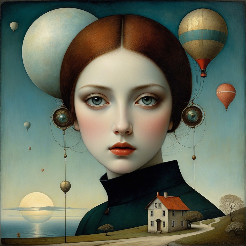 Surreal Portrait of a Young Woman with Hot Air Balloons