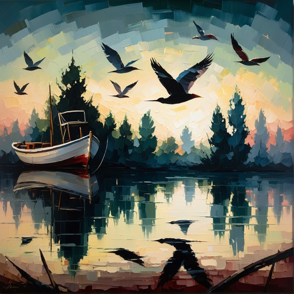 Tranquil Lake Landscape at Dawn with Silhouetted Trees