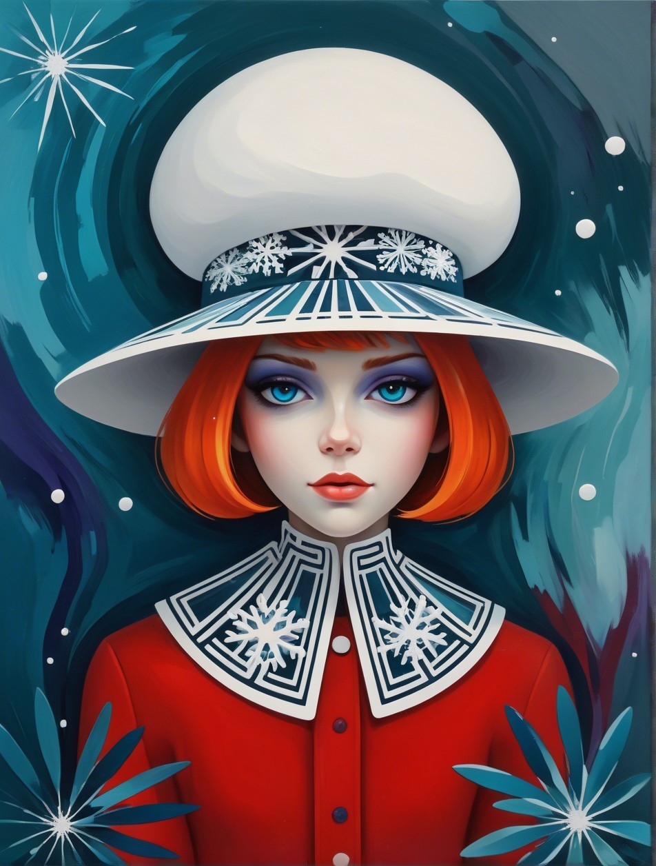 Vibrant Surrealistic Oil Painting of a Woman with Hat