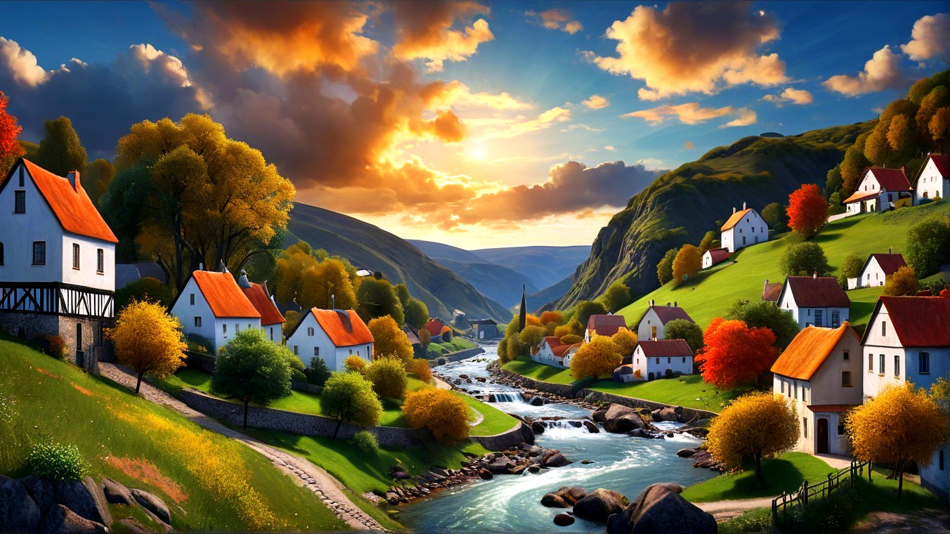 Picturesque Valley with White Houses and Autumn Trees