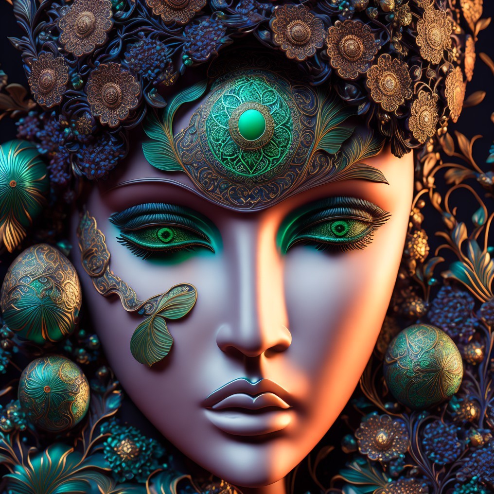 Surreal Ornate Face with Floral Patterns and Colors