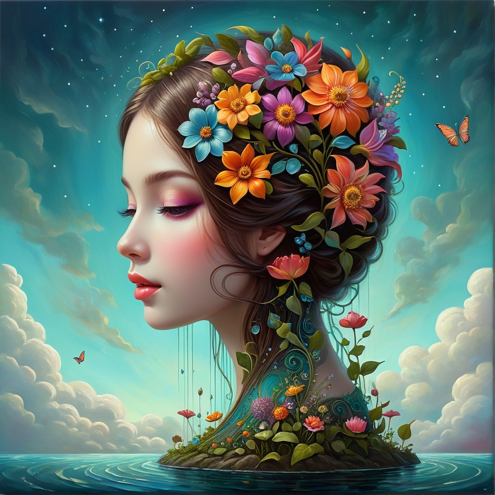 Surreal Portrait of Woman with Flowers and Butterflies