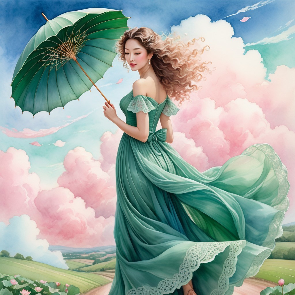 Graceful Woman with Parasol in Serene Landscape