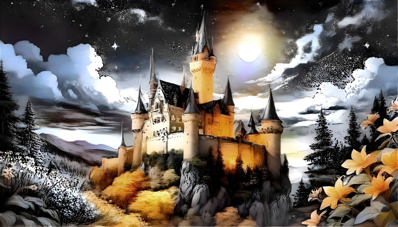 Majestic castle on a hill under a starry night sky