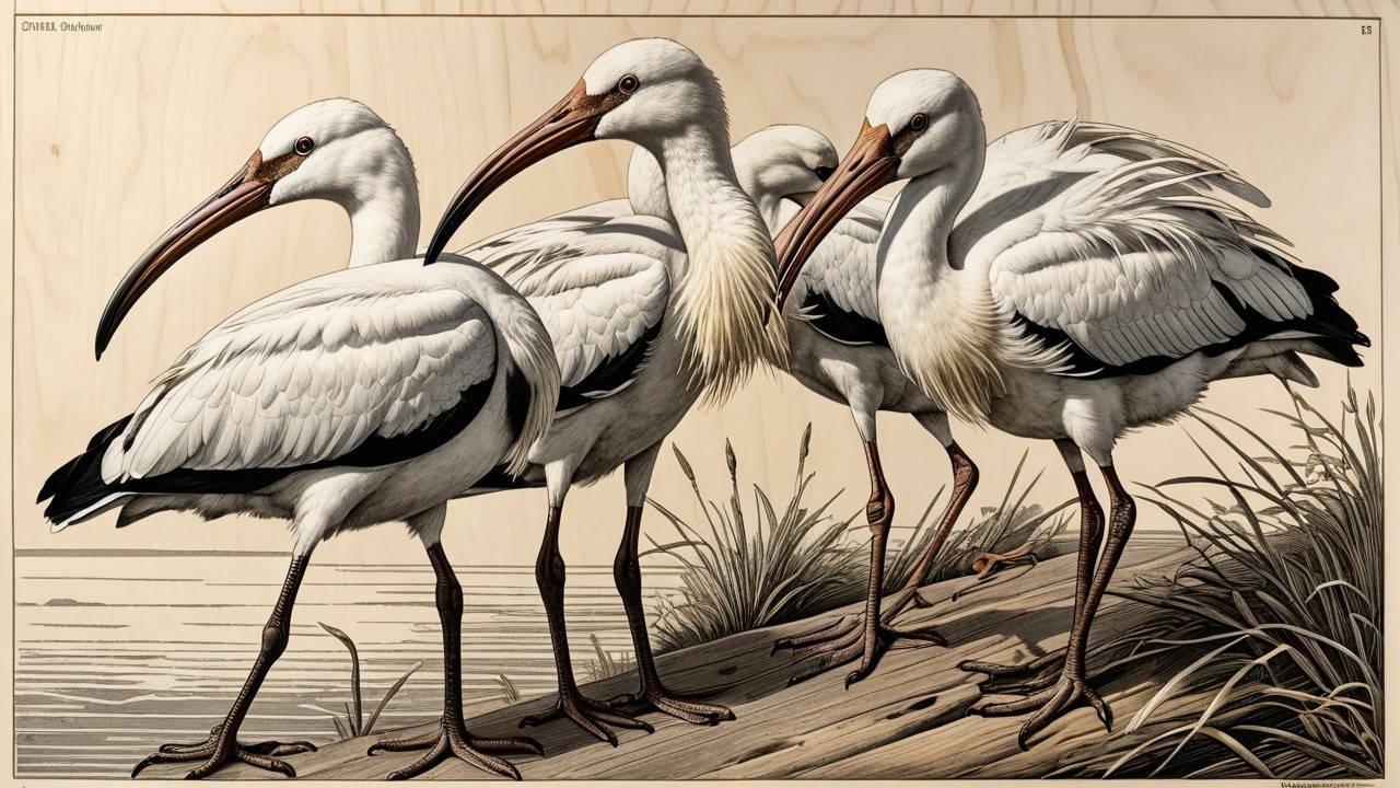 Illustration of Three Elegant Storks by Water