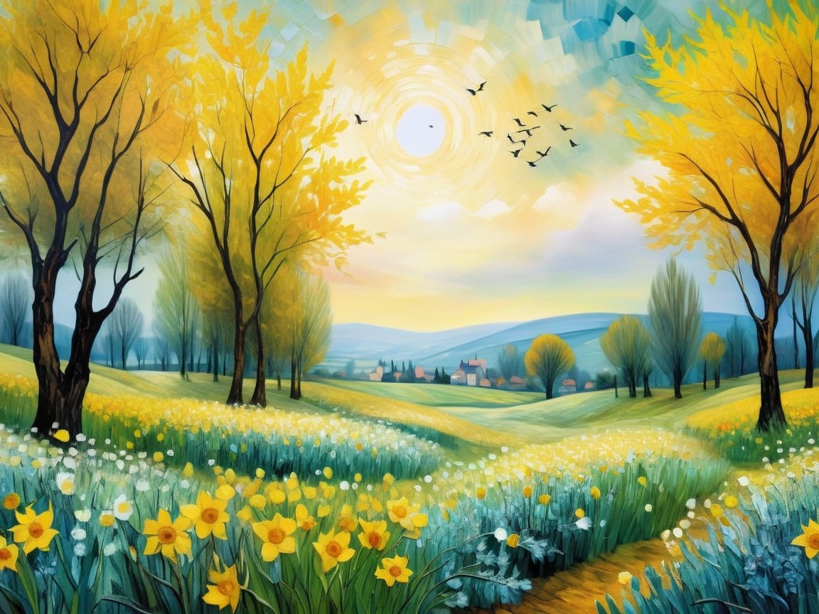 Vibrant Spring Landscape with Daffodils and Village