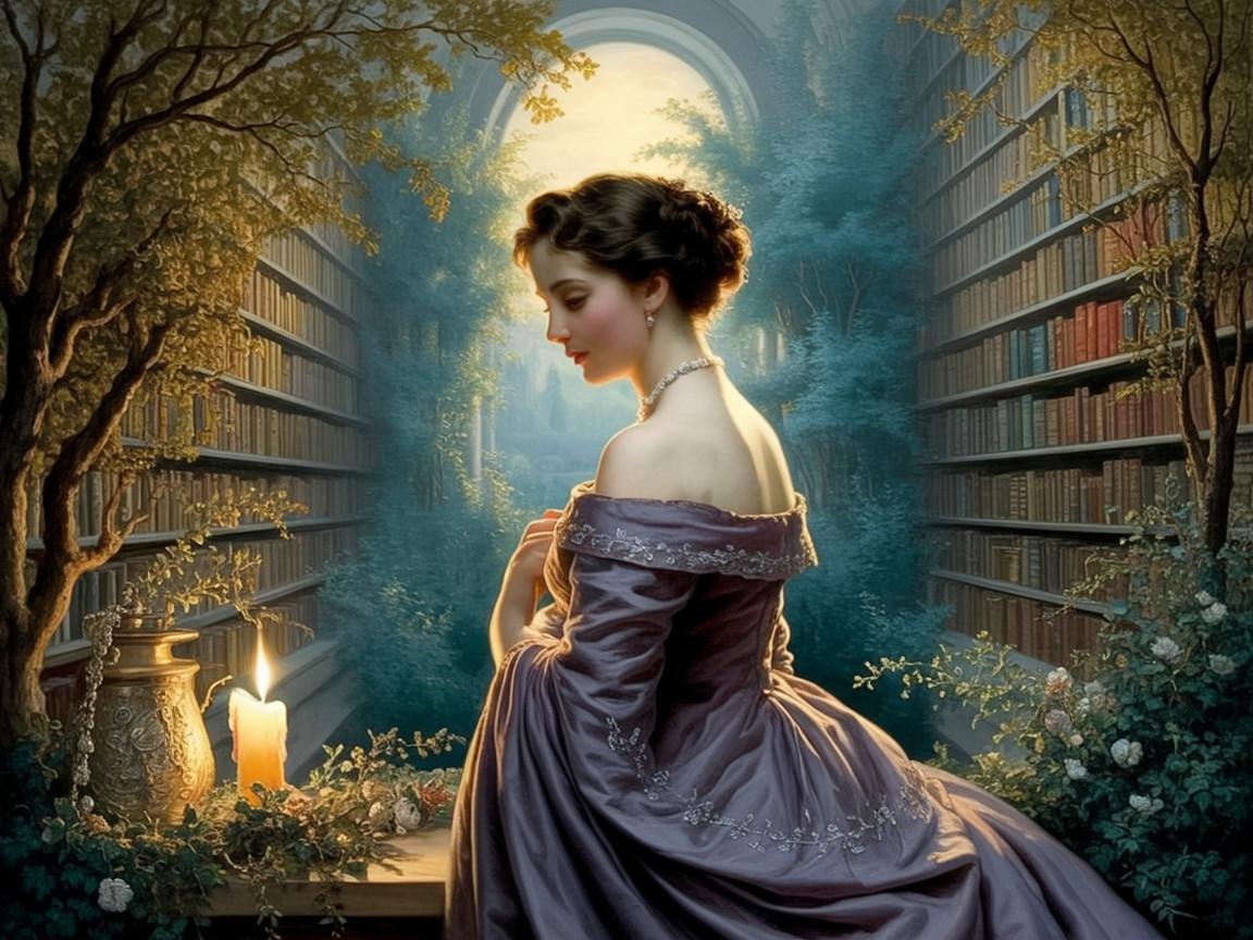 Elegant Woman in Lavender Gown in Tranquil Library