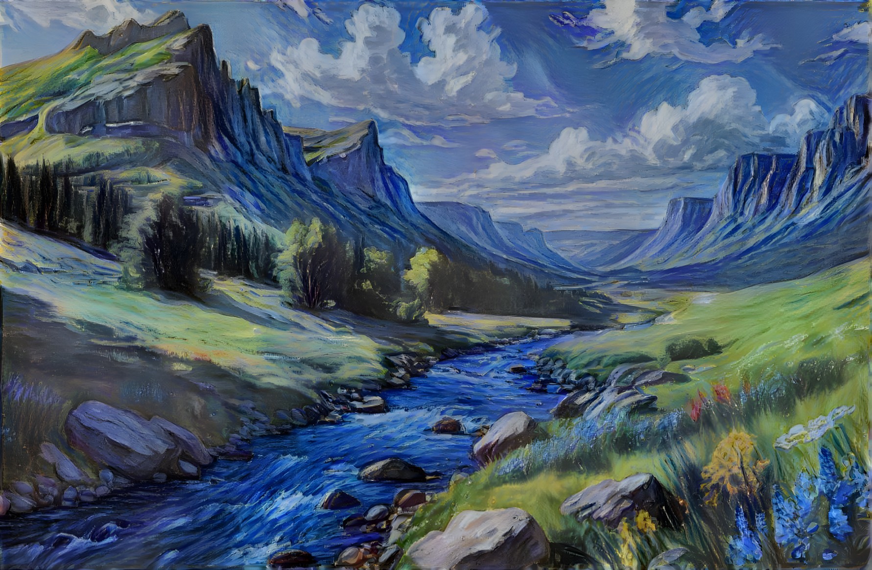 Vibrant Landscape with River and Wildflowers