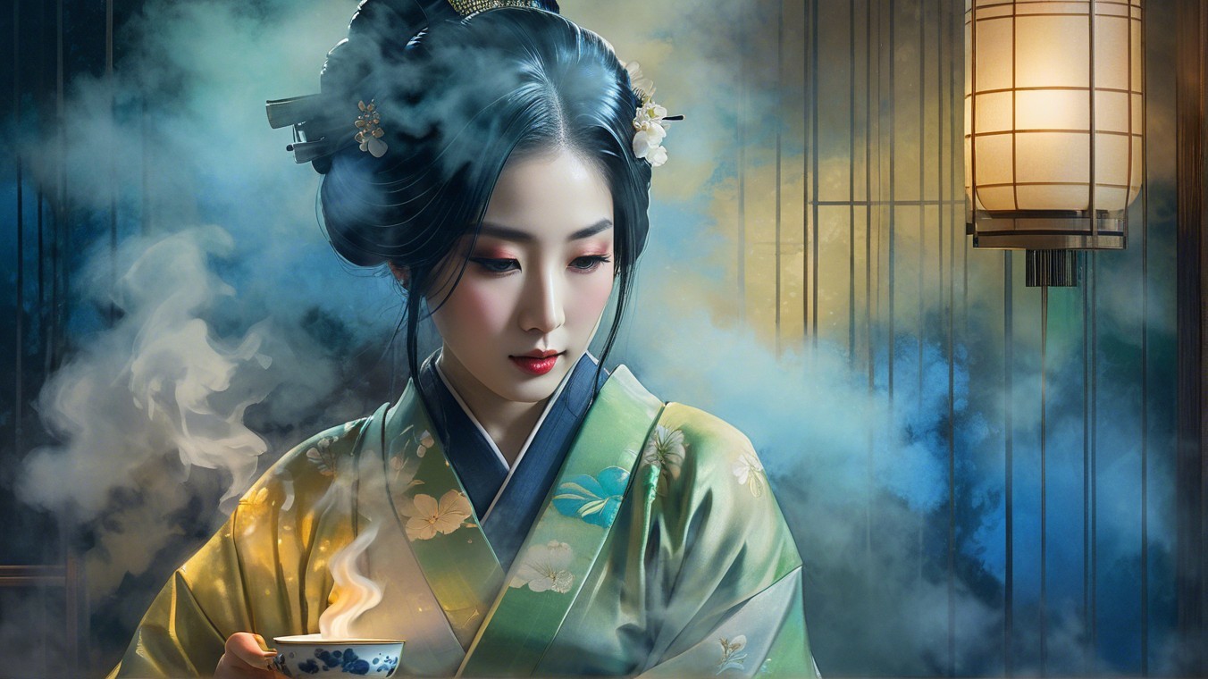 Serene Woman in Traditional Attire with Steaming Cup