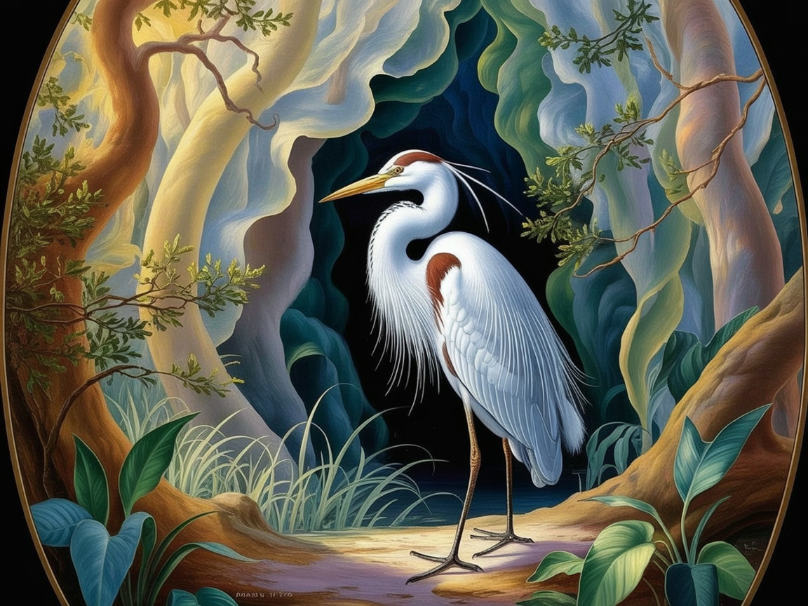 Majestic heron in tranquil forest scene with foliage