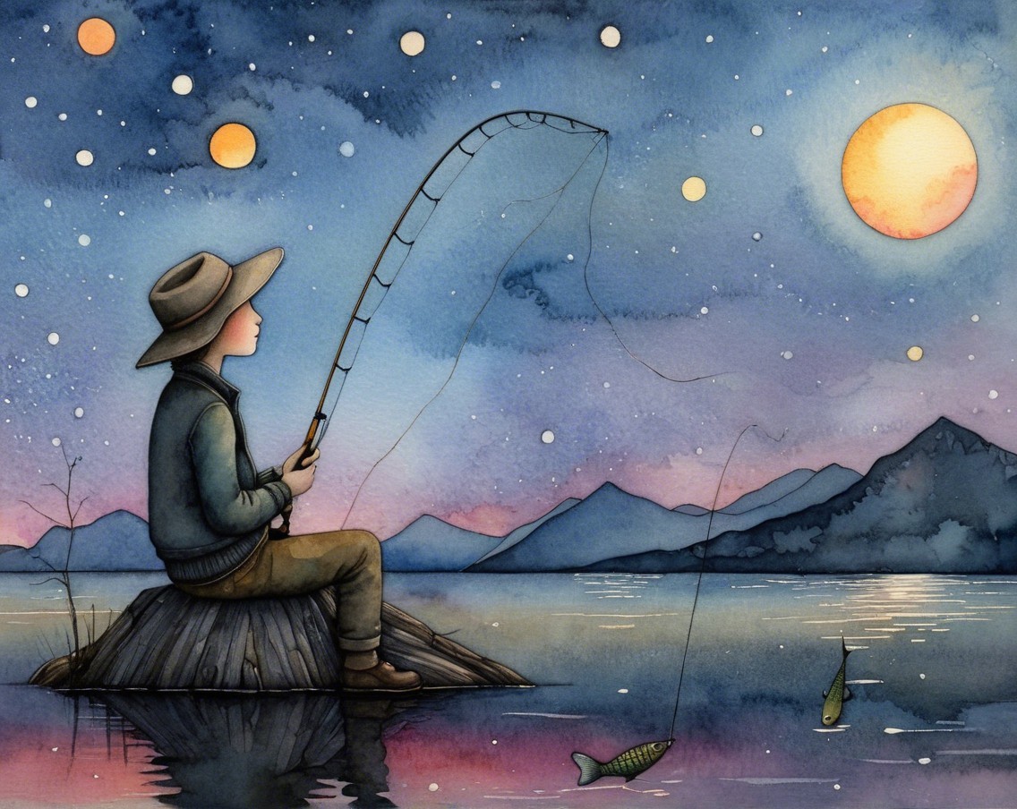 Serene Night Scene of Fisherman on Tranquil Lake
